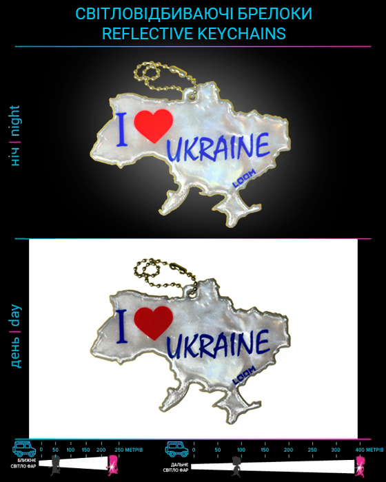 Reflective keychains I love Ukraine  White