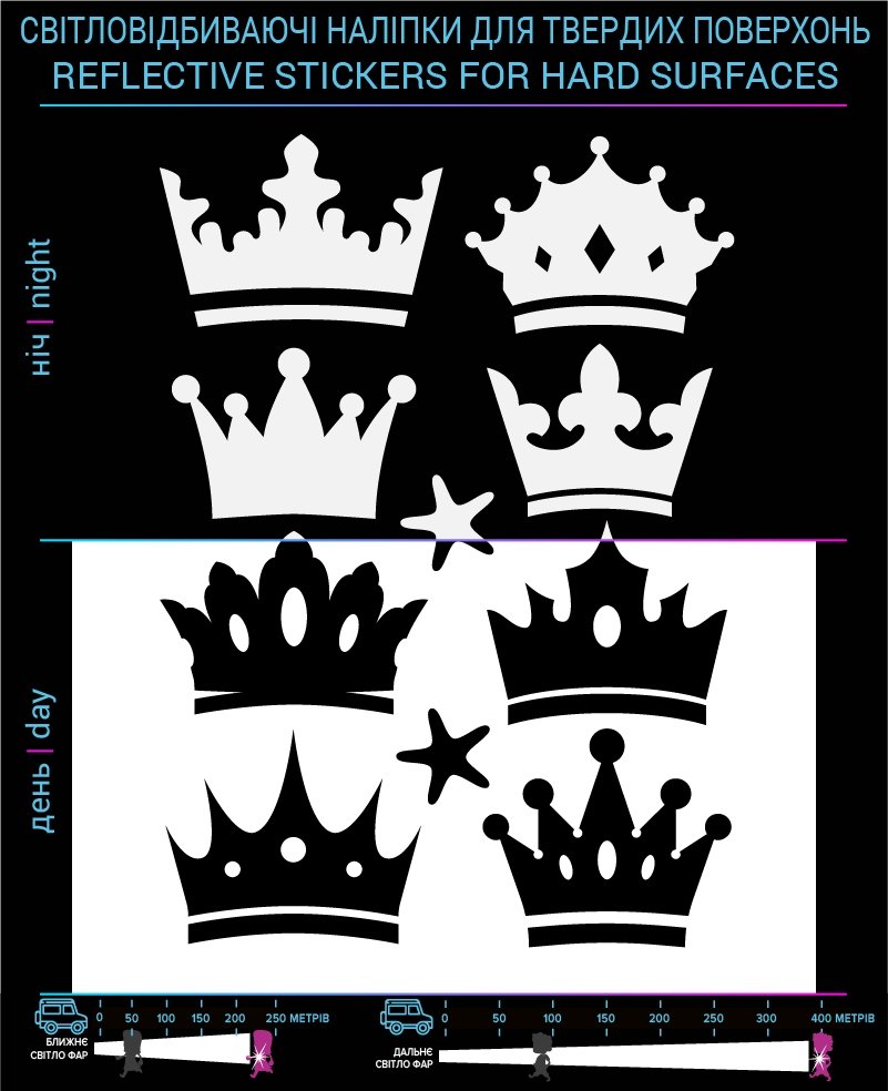 Crown stickers reflective, black, hard surface