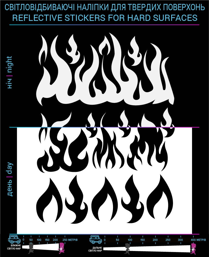 Flame stickers reflective, black, hard surface