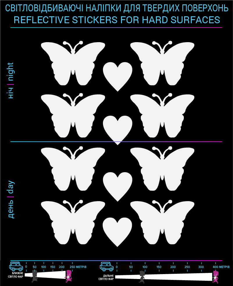 Наклейки Бабочки светоотражающие, черные, для твердых поверхностей - фото 2