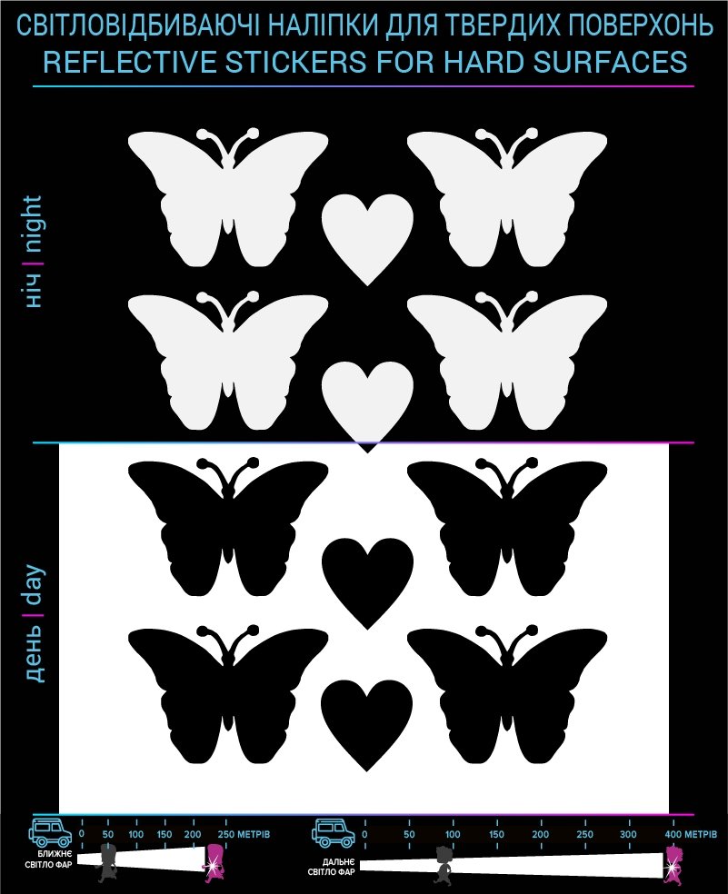 Наклейки Бабочки светоотражающие, черные, для твердых поверхностей