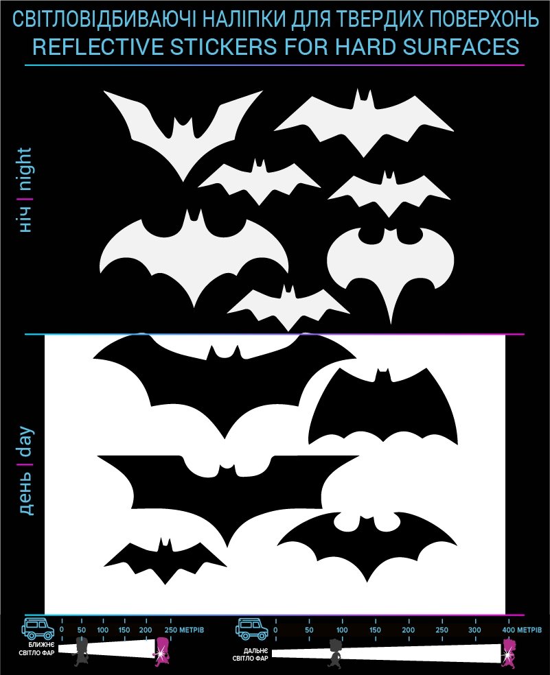 Bats stickers reflective, black, hard surface