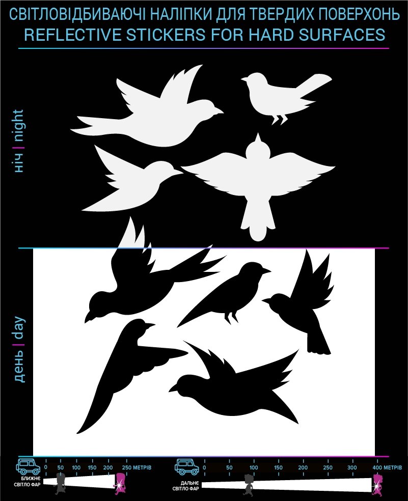 Birds stickers reflective, black, hard surface