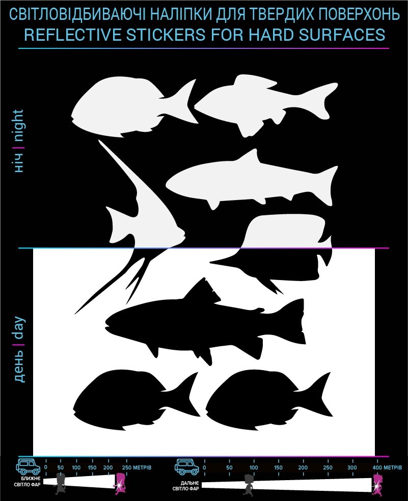 Fish stickers reflective, black, hard surface