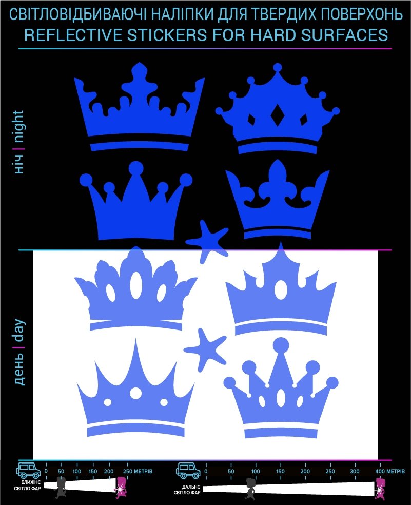 Crown reflective stickers, blue, for solid surfaces