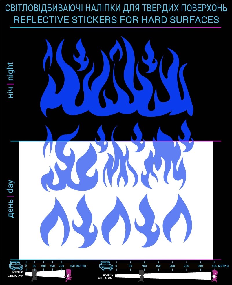 Flame reflective stickers, blue, for solid surfaces photo