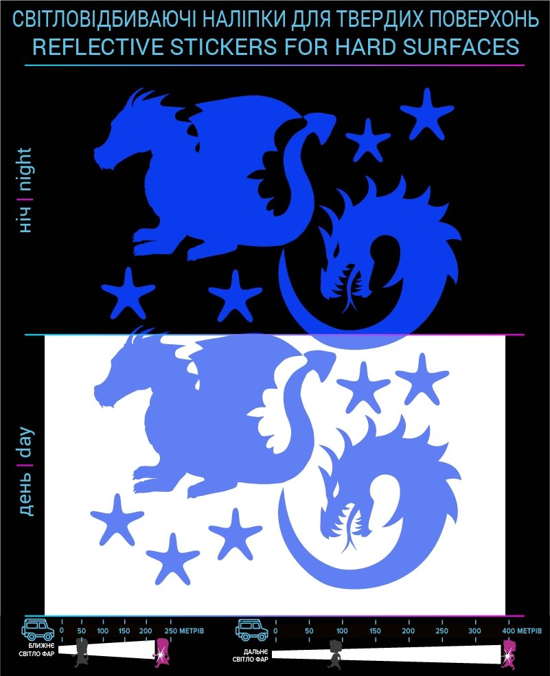 Dragon reflective stickers, blue, for solid surfaces