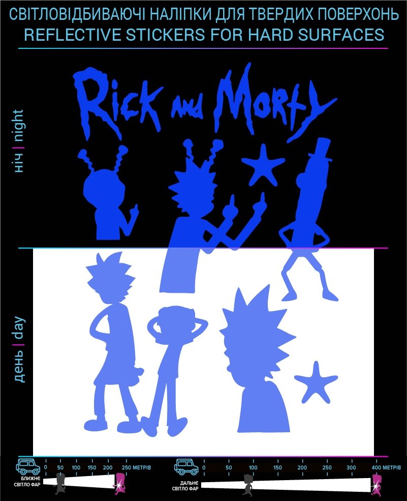 Rick and Morty reflective stickers, blue, for solid surfaces