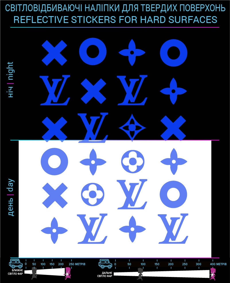 LV reflective stickers, blue, for solid surfaces