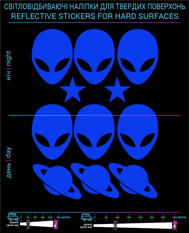 Наклейки інопланетянами 2 світловідбиваючі, сині, для твердих поверхонь - фото 2