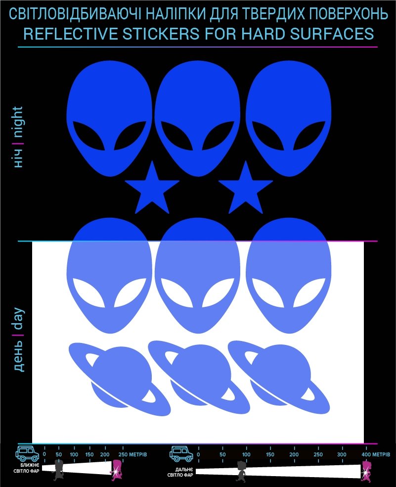 Наклейки Инопланетяни 2 светоотражающие, синие, для твердых поверхностей
