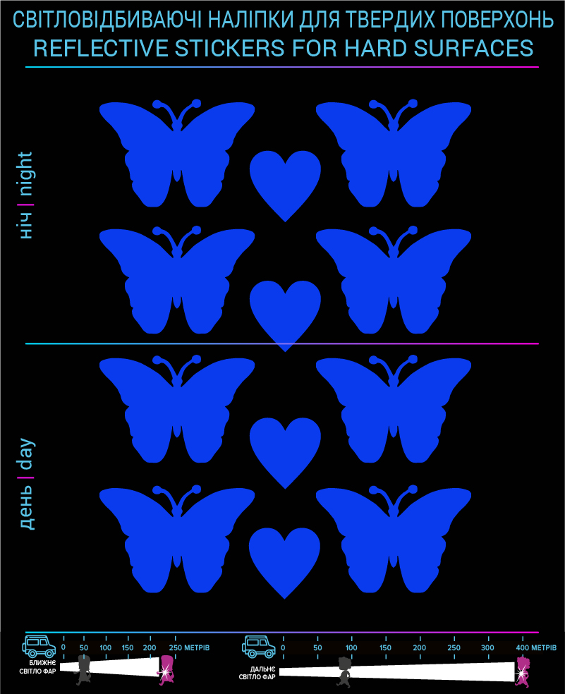 Наклейки Бабочки светоотражающие, синие, для твердых поверхностей - фото 2