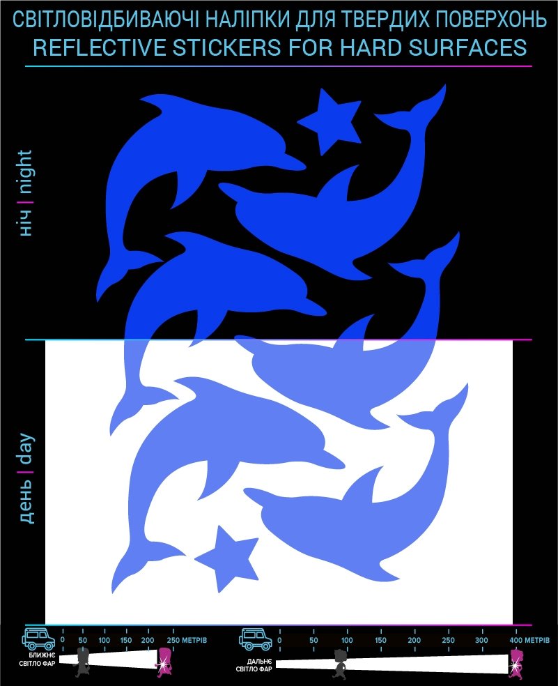 Dolphin reflective stickers, blue, for solid surfaces photo