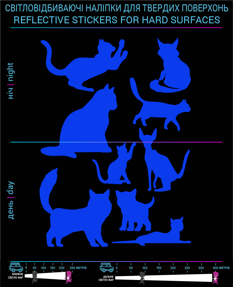 Наклейки Котики 1 светоотражающие, синие, для твердых поверхностей - фото 2