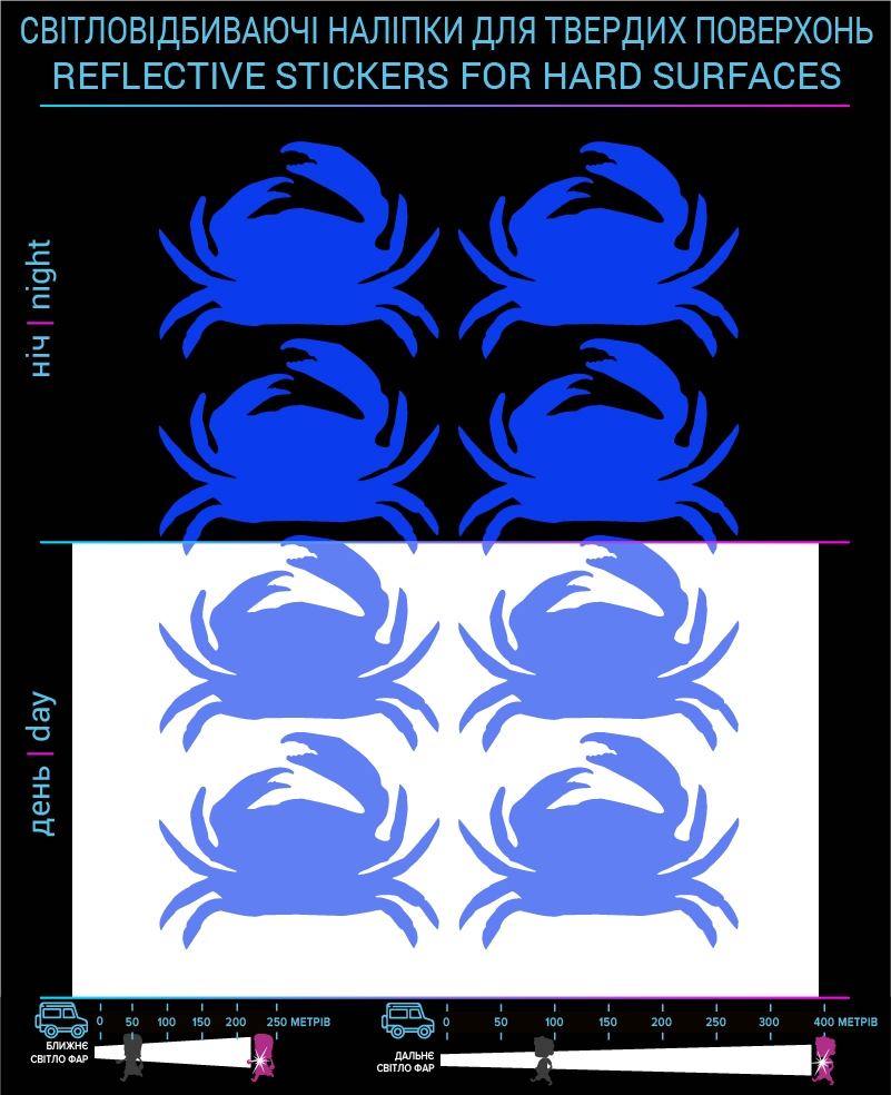 Crabs reflective stickers, blue, for solid surfaces