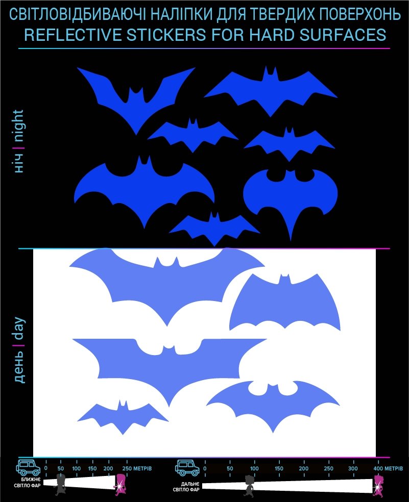 Bats reflective stickers, blue, for solid surfaces