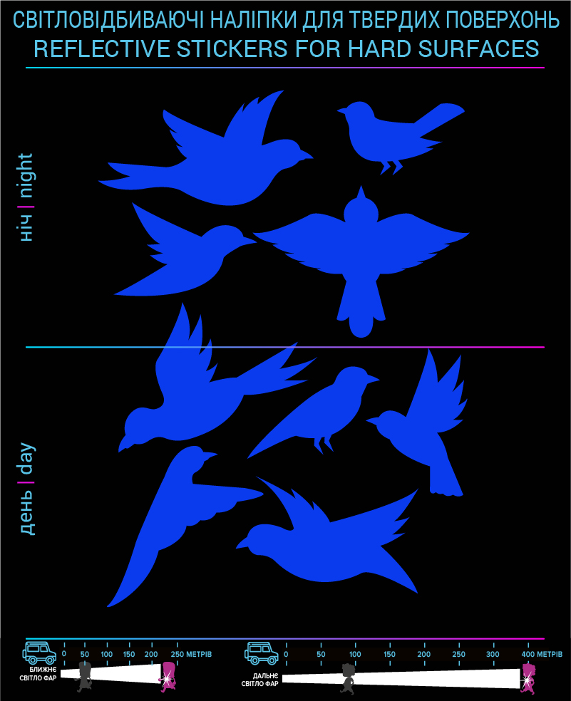 Birds reflective stickers, blue, for solid surfaces - фото 2