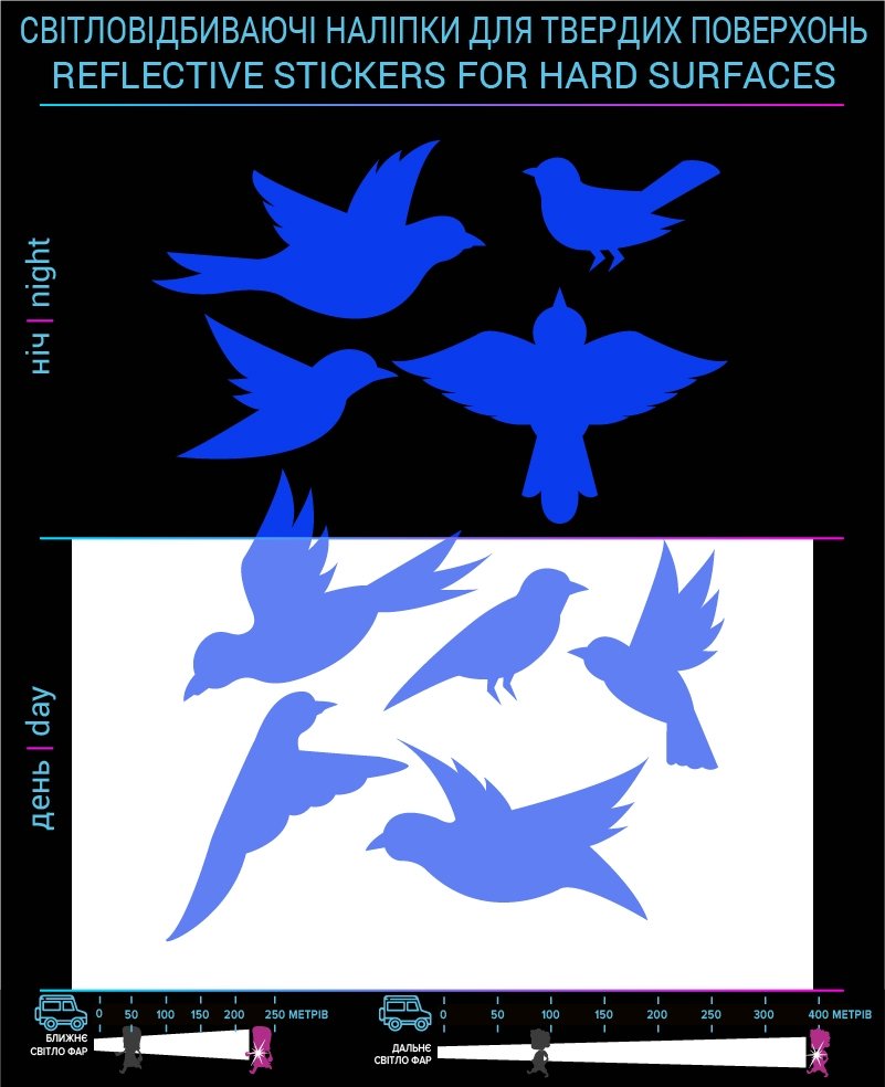 Наклейки Птицы светоотражающие, синие, для твердых поверхностей