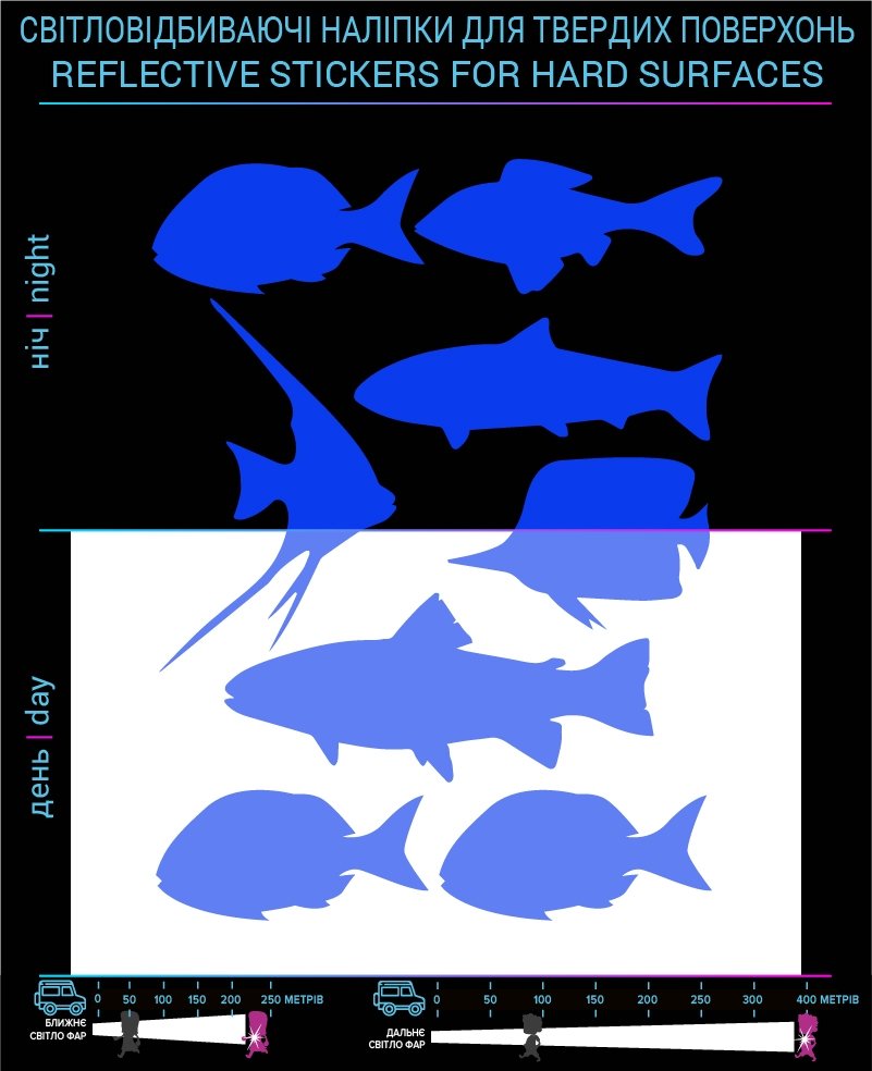 Fish reflective stickers, blue, for solid surfaces