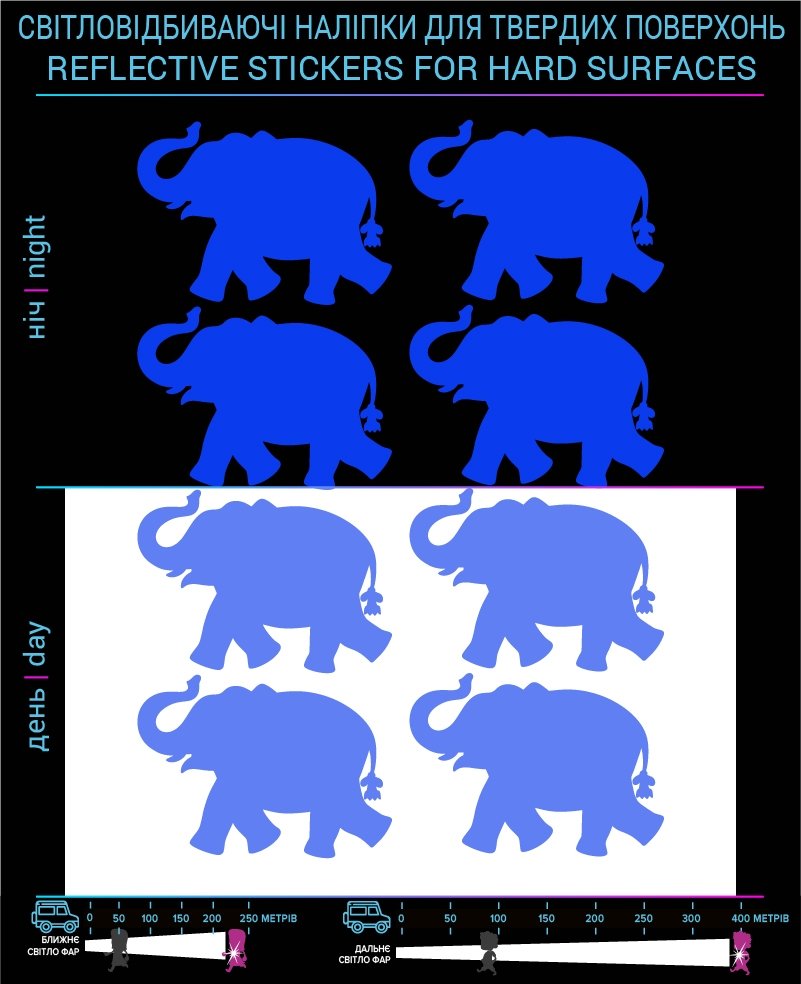 Наклейки Слоны светоотражающие, синие, для твердых поверхностей фото