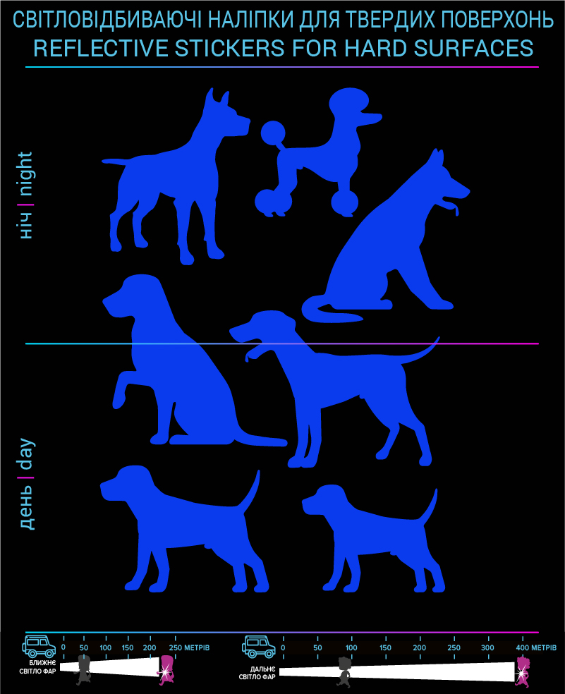 Dogs reflective stickers, blue, for solid surfaces - фото 2