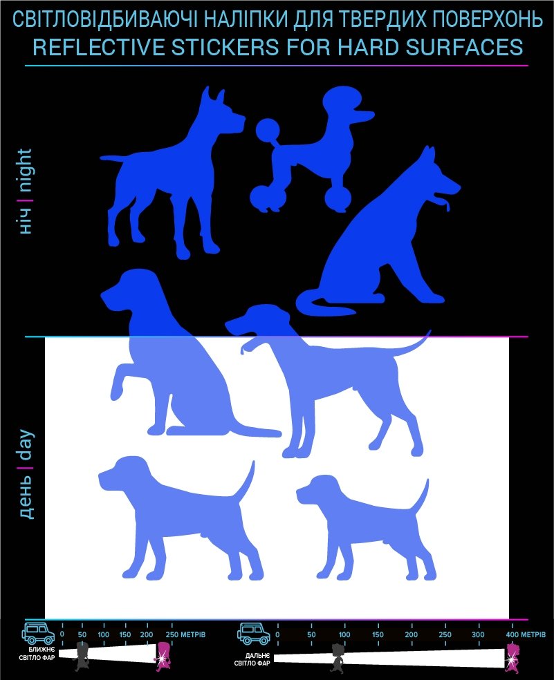 Dogs reflective stickers, blue, for solid surfaces photo