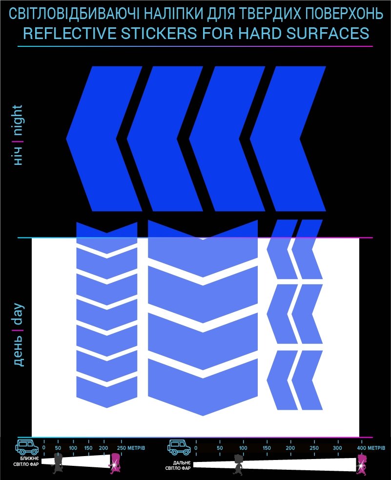Arrows reflective stickers, blue, for solid surfaces