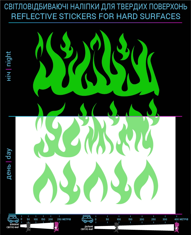 Flame reflective stickers, green, hard surface photo