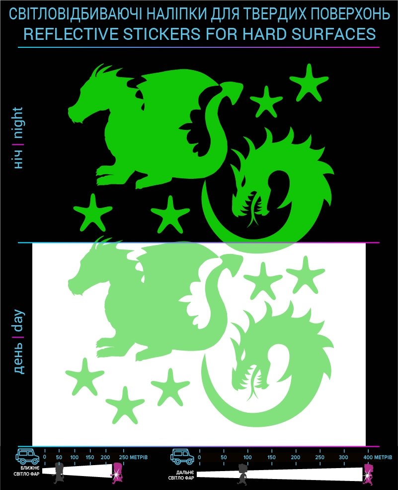 Dragon reflective stickers, green, hard surface