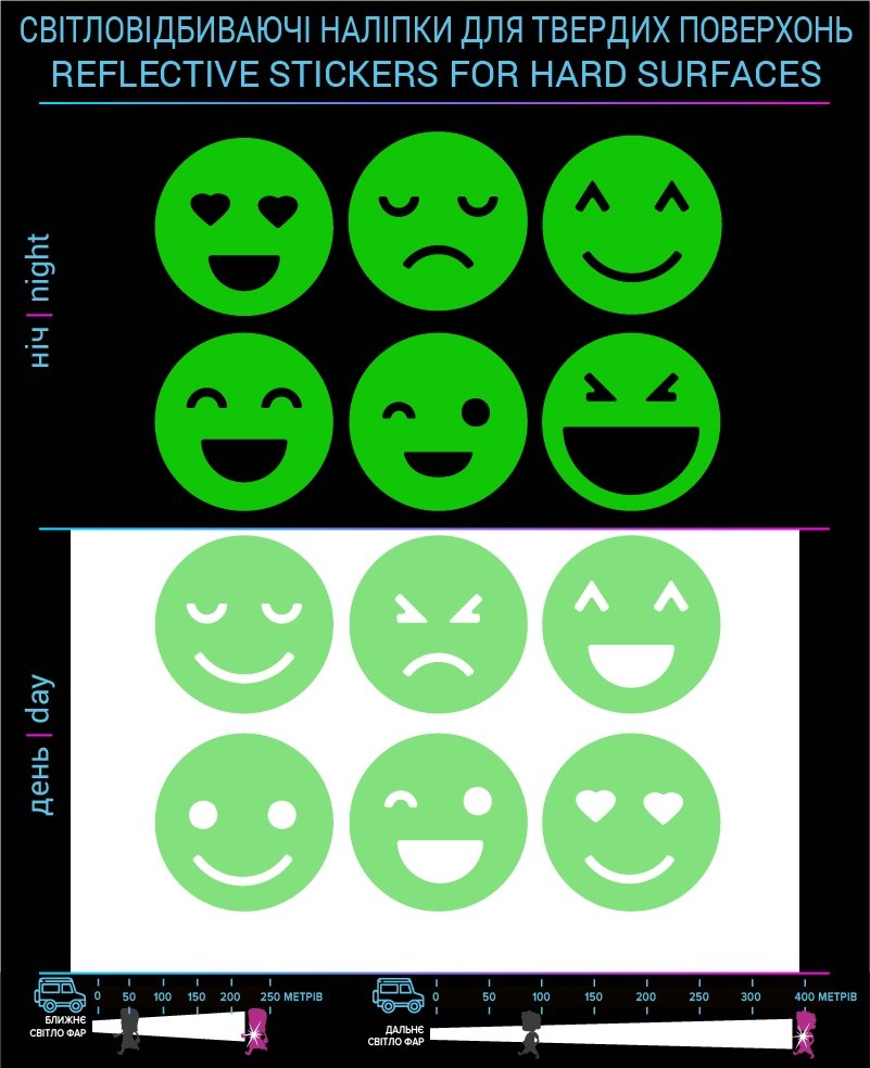 Smiles reflective stickers, green, hard surface