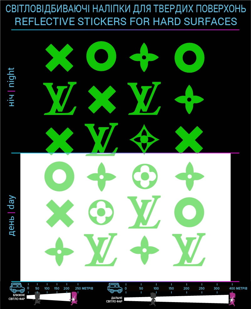 LV reflective stickers, green, hard surface