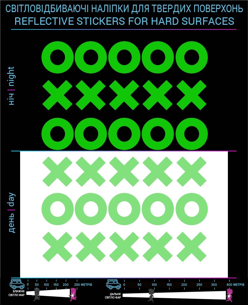 Наклейки XO светоотражающие, зеленые, для твердых поверхностей