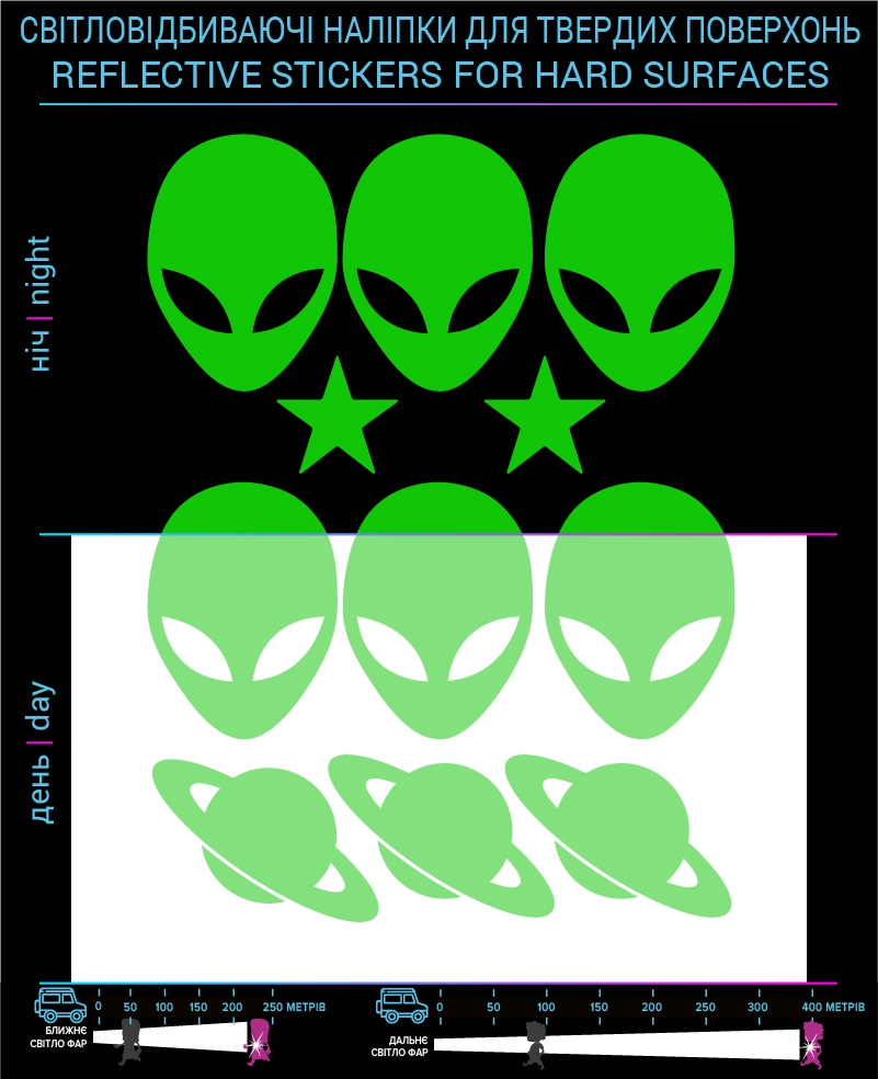 Наклейки Инопланетяни 2 светоотражающие, зеленые, для твердых поверхностей