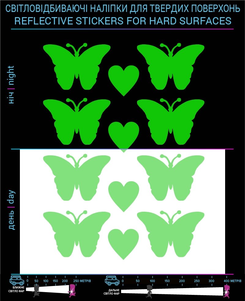 Наклейки Бабочки светоотражающие, зеленые, для твердых поверхностей