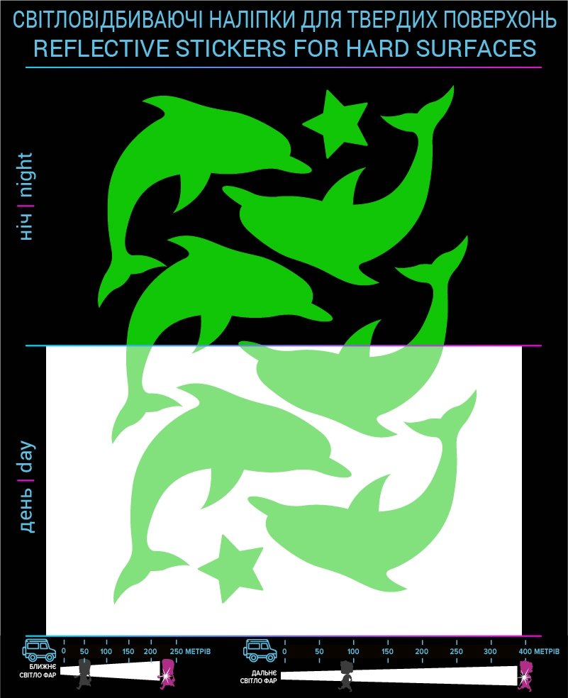 Dolphin reflective stickers, green, hard surface