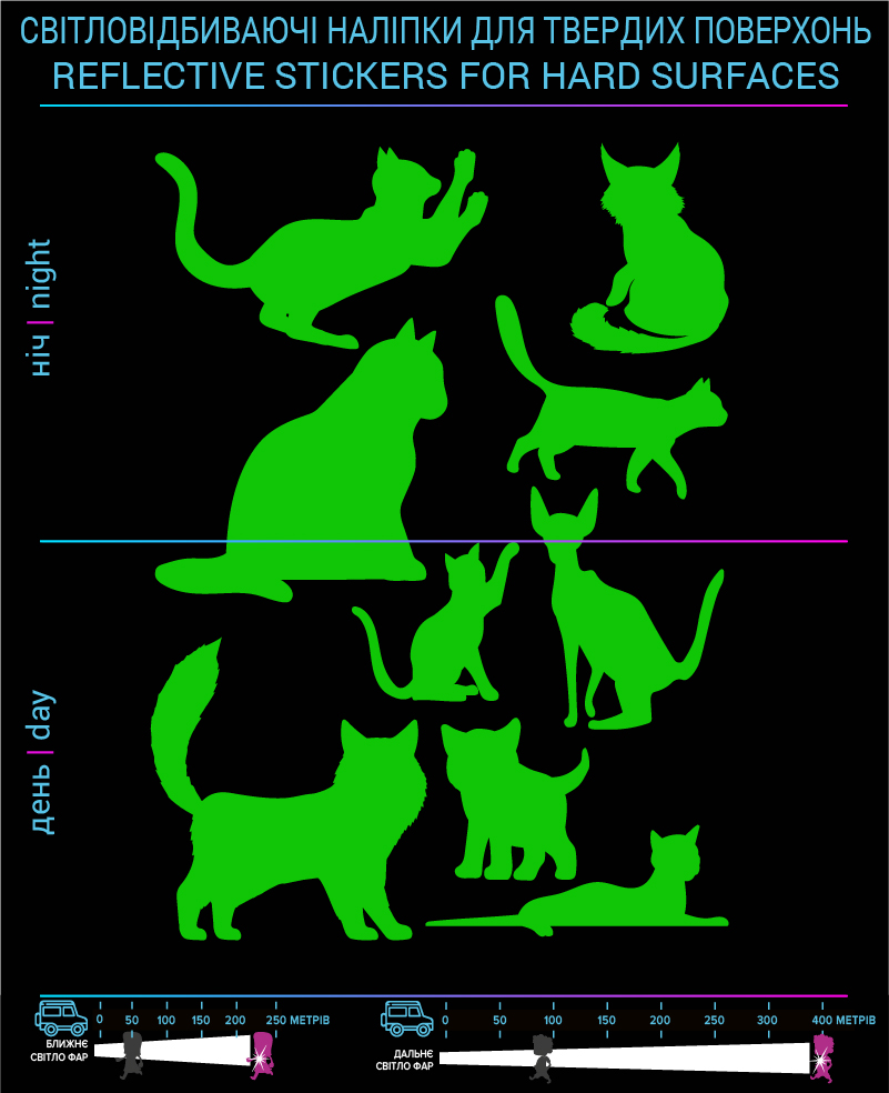 Наклейки Котики 1 светоотражающие, зеленые, для твердых поверхностей - фото 2