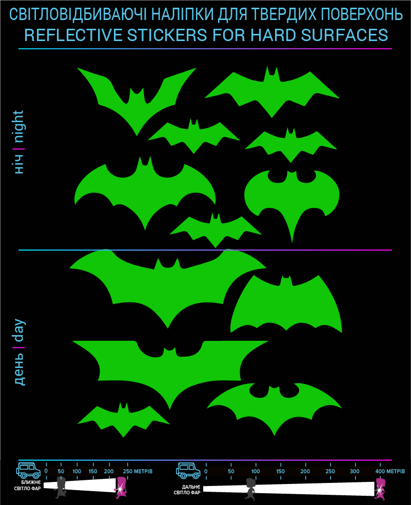 Bats reflective stickers, green, hard surface - фото 2