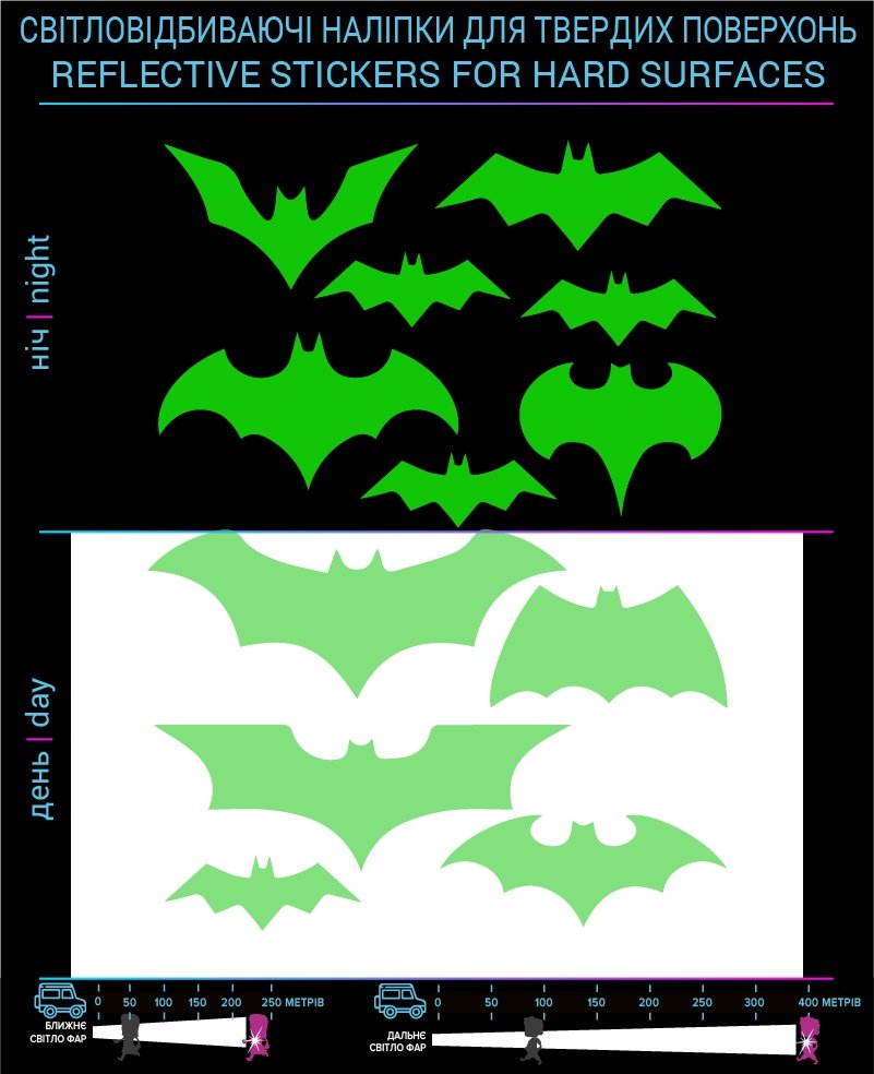 Bats reflective stickers, green, hard surface