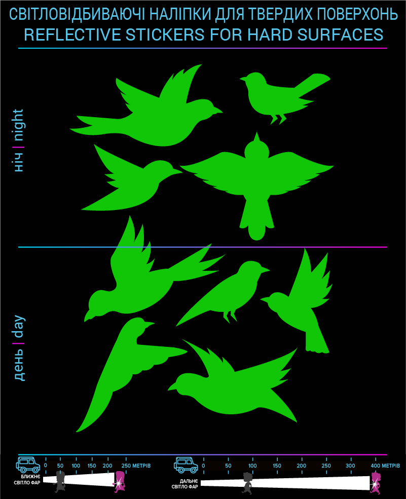 Наклейки Птицы светоотражающие, зеленые, для твердых поверхностей - фото 2