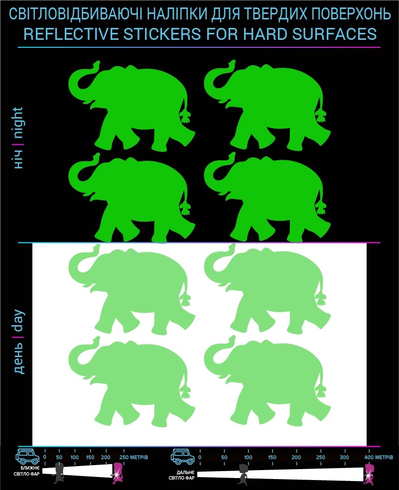 Наклейки Слоны светоотражающие, зеленые, для твердых поверхностей фото