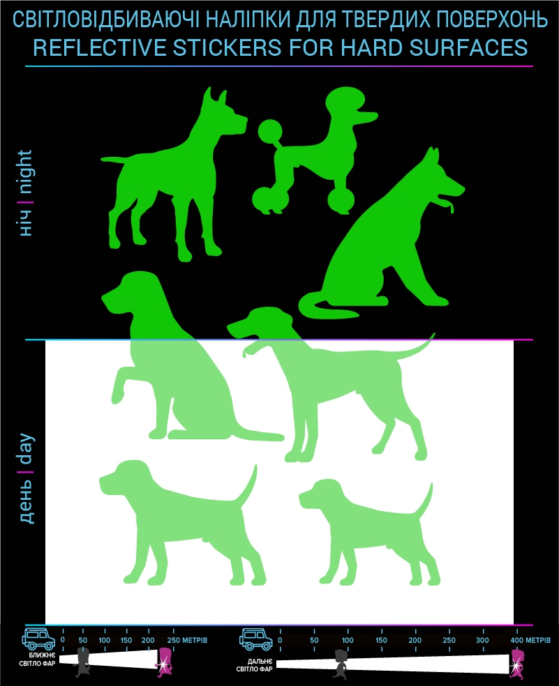 Dogs reflective stickers, green, hard surface photo