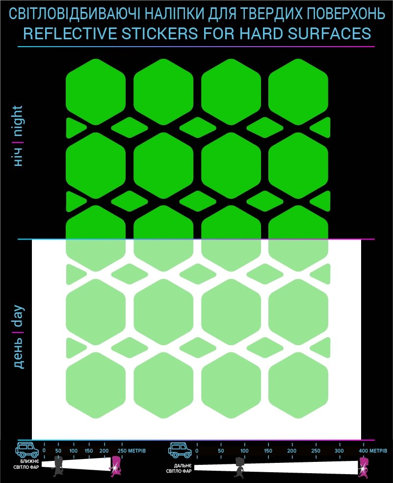 Rhombuses reflective stickers, green, hard surface
