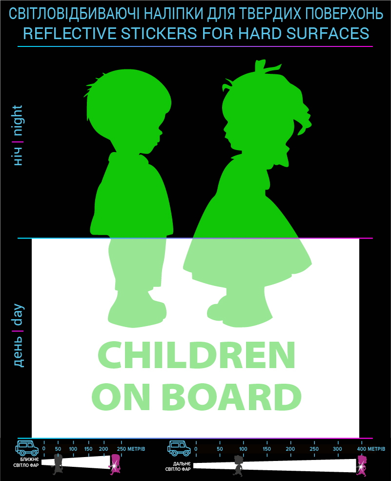 Labels Children on board, green, hard surface