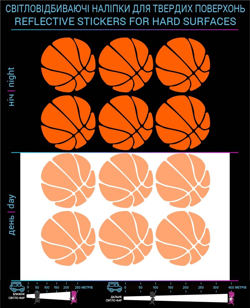 Basketball reflective stickers, orange, hard surface
