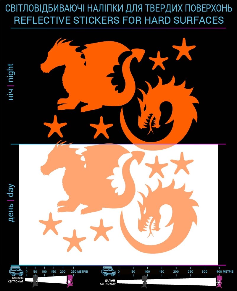 Dragon reflective stickers, orange, hard surface