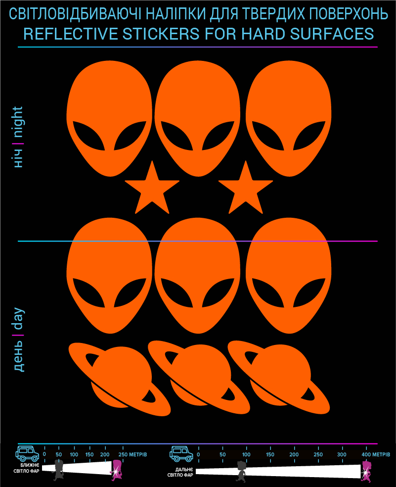 Наклейки інопланетянами 2 світловідбиваючі, помаранчеві, для твердих поверхонь - фото 2