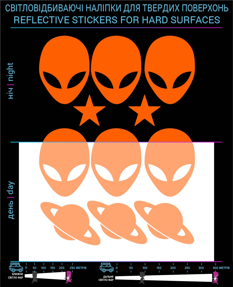 Наклейки Инопланетяни 2 светоотражающие, оранжевые, для твердых поверхностей