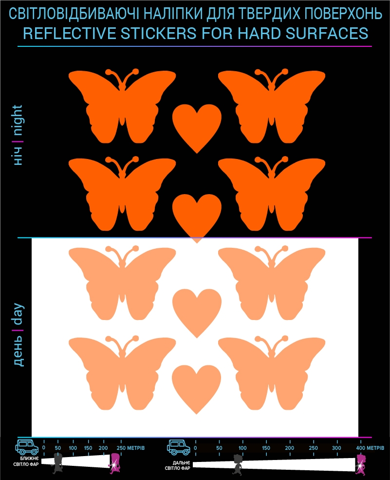 Наклейки Бабочки светоотражающие, оранжевые, для твердых поверхностей