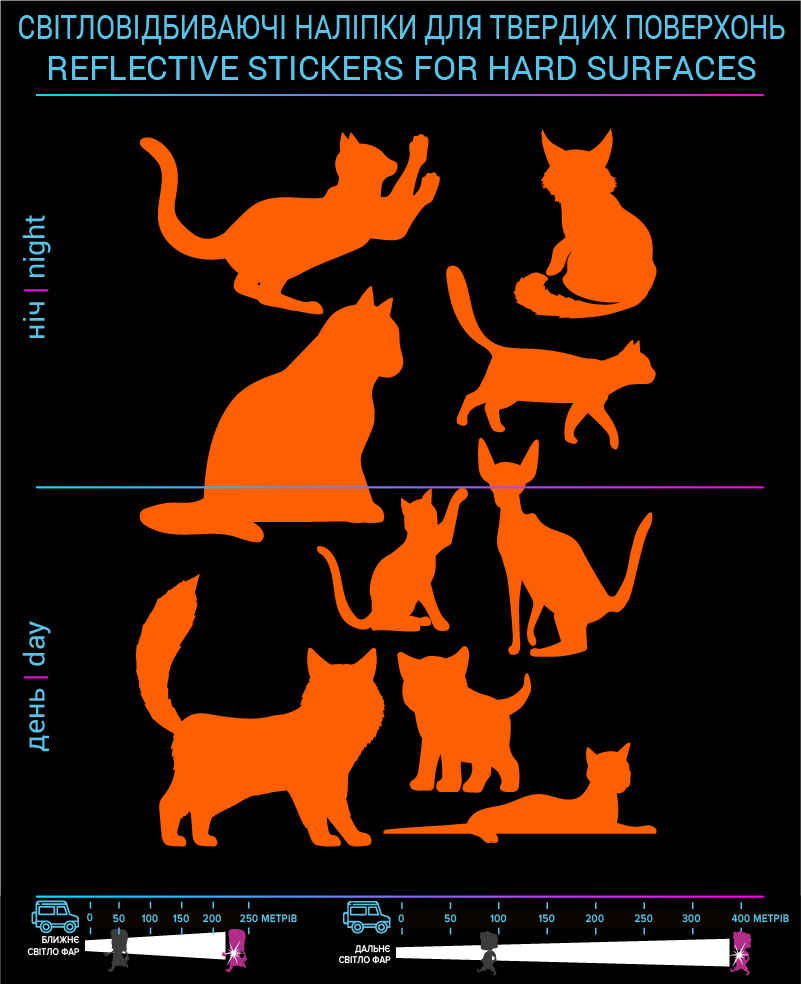 Наклейки Котики 1 светоотражающие, оранжевые, для твердых поверхностей - фото 2