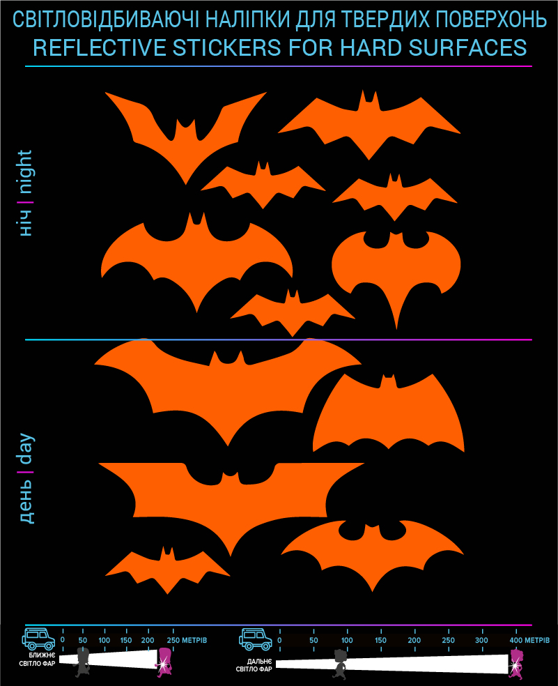 Bats reflective stickers, orange, hard surface - фото 2